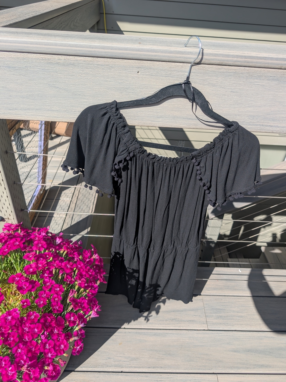 Flying Tomato Black Off-Shoulder Pom-Pom Trim Top